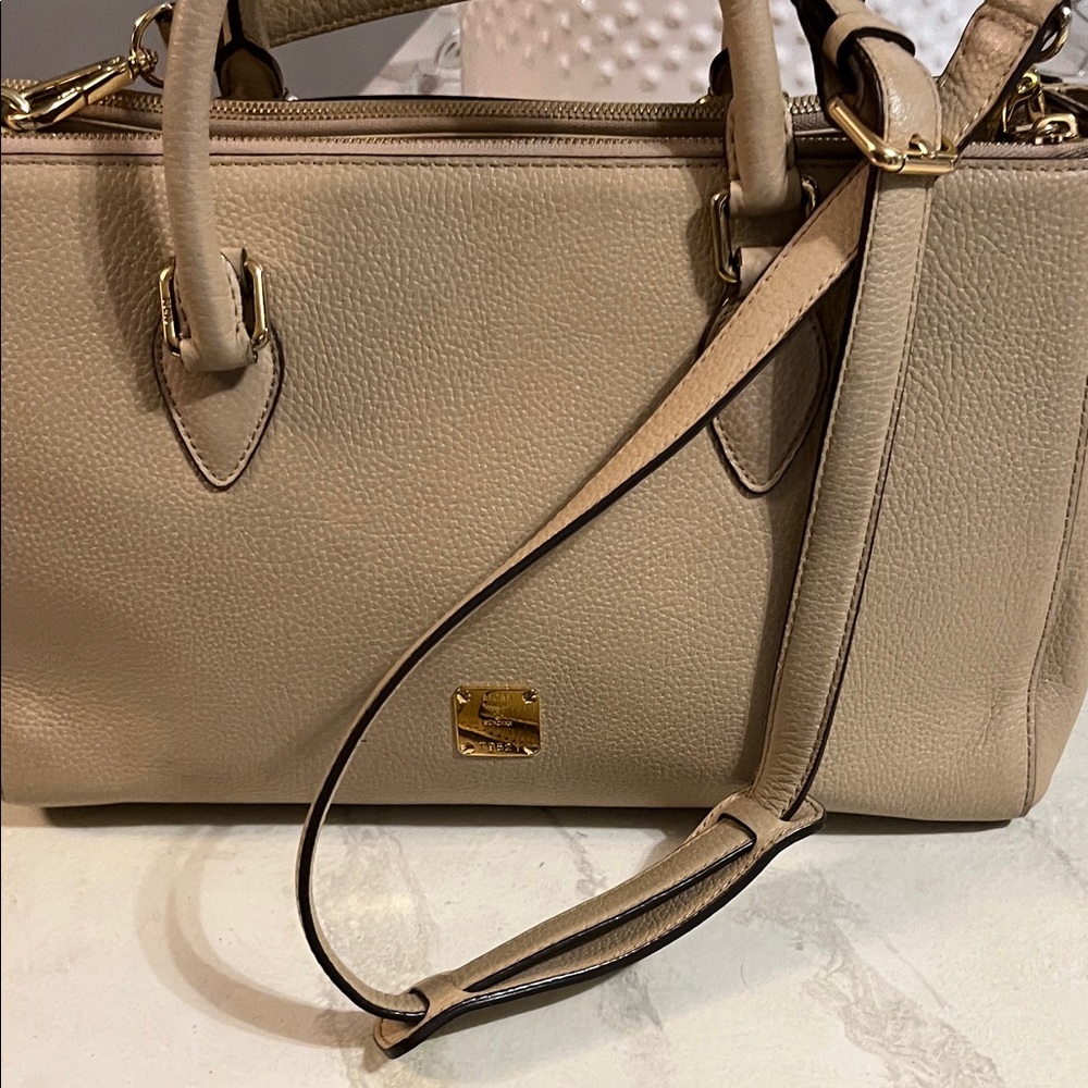 MCM Beige Leather Satchel with Gold Accents